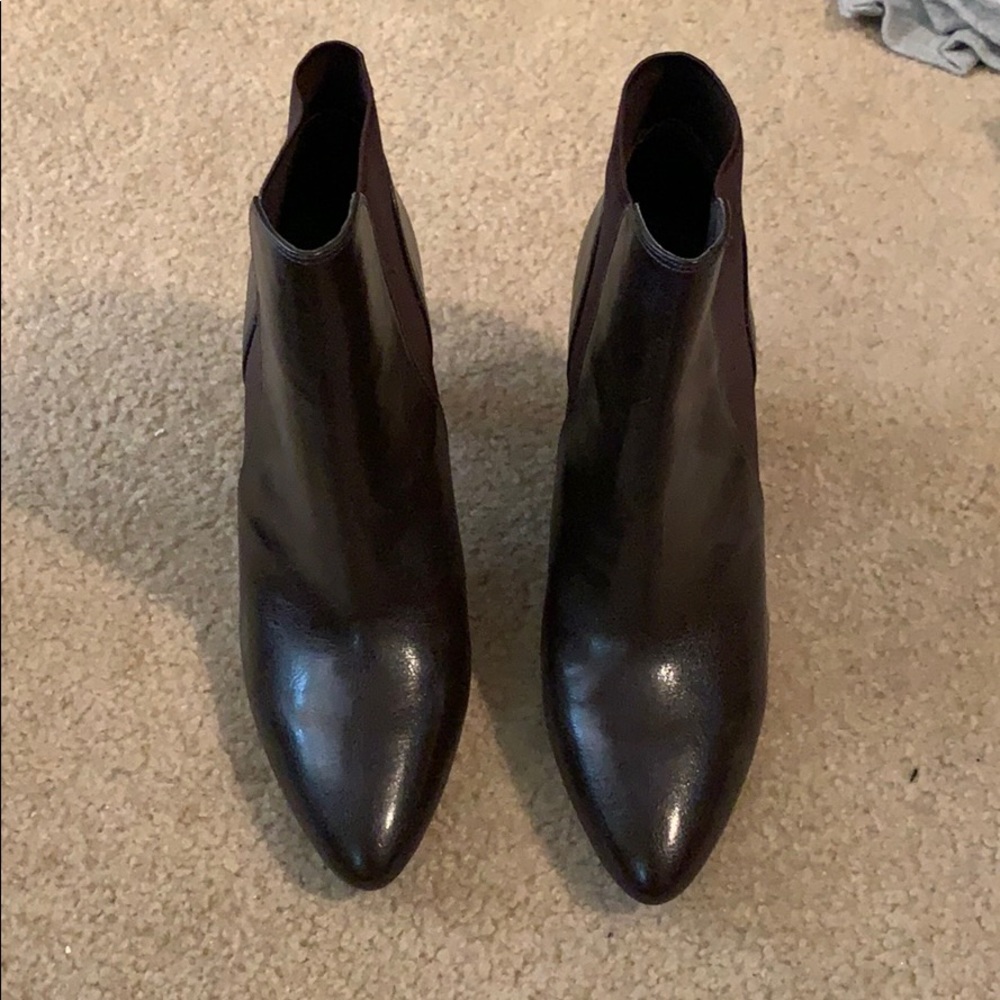 dark brown ankle boots with a three inch heel